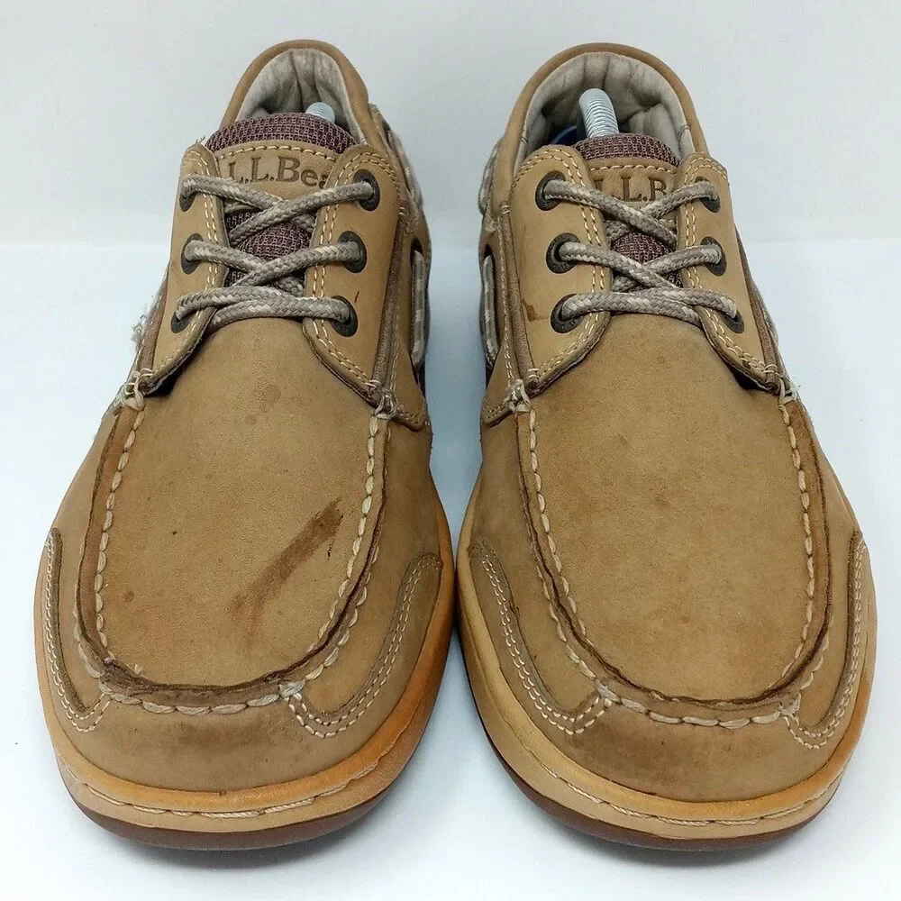 LL Bean Tan Three Eye Lace Up Leather Boat Shoes - Men's Size 8